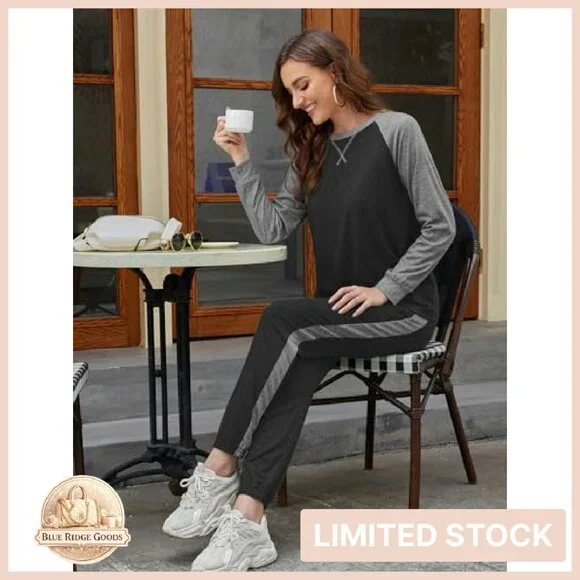 Long Sleeve Pajama Set Lounge Wear Pullover Sweatshirt Pants Pockets